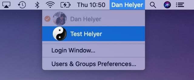 Hurtigt brugerskiftevindue fra menulinjen på Mac