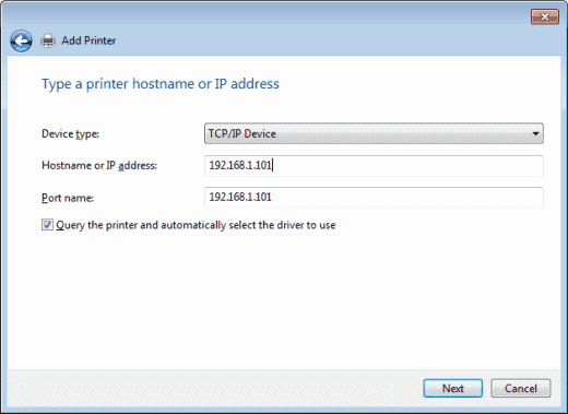 Windows 7 - การเพิ่มเครื่องพิมพ์ด้วยที่อยู่ IP