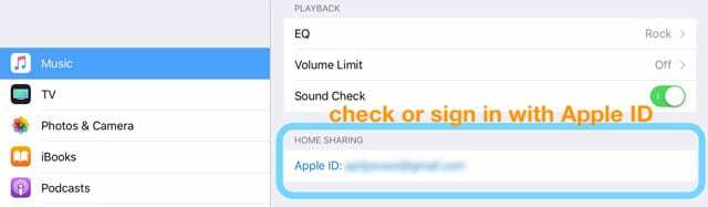 Domácí sdílení v Nastavení hudby pro iOS na iPadu nebo iPhonu
