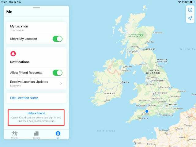 დაეხმარეთ მეგობრის ღილაკს iPad Find My app-ში