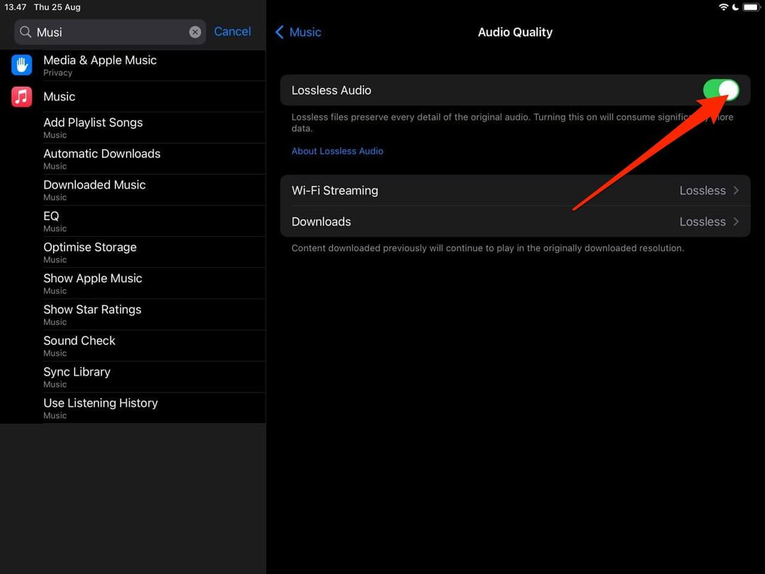 Екранна снимка, показваща как да промените качеството на звука на Apple Music на iPad
