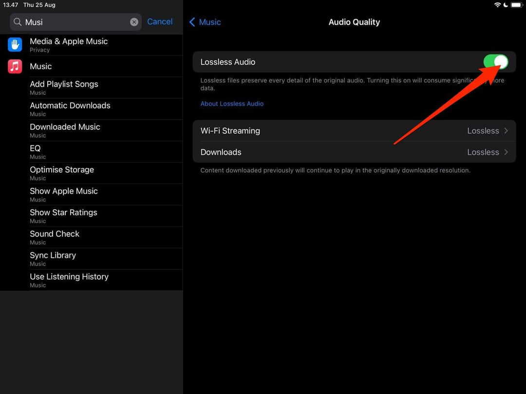 Ekraanipilt, mis näitab, kuidas muuta Apple Musicu helikvaliteeti iPadis