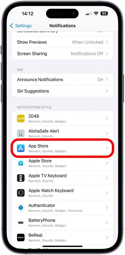 Sub STIL DE NOTIFICARE, atingeți o aplicație care trimite notificări sensibile la timp, cum ar fi App Store.