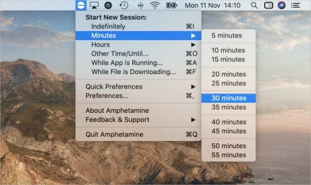Dropdown-Elemente in der Amphetamin-Menüleiste, die eine 30-minütige Sitzung beginnen