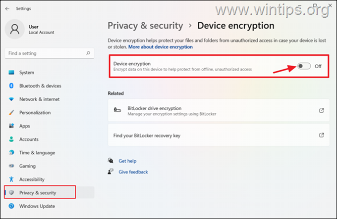 Isključite šifriranje uređaja Windows 11