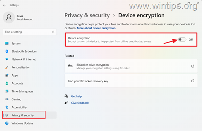 Desactive el cifrado del dispositivo Windows 11