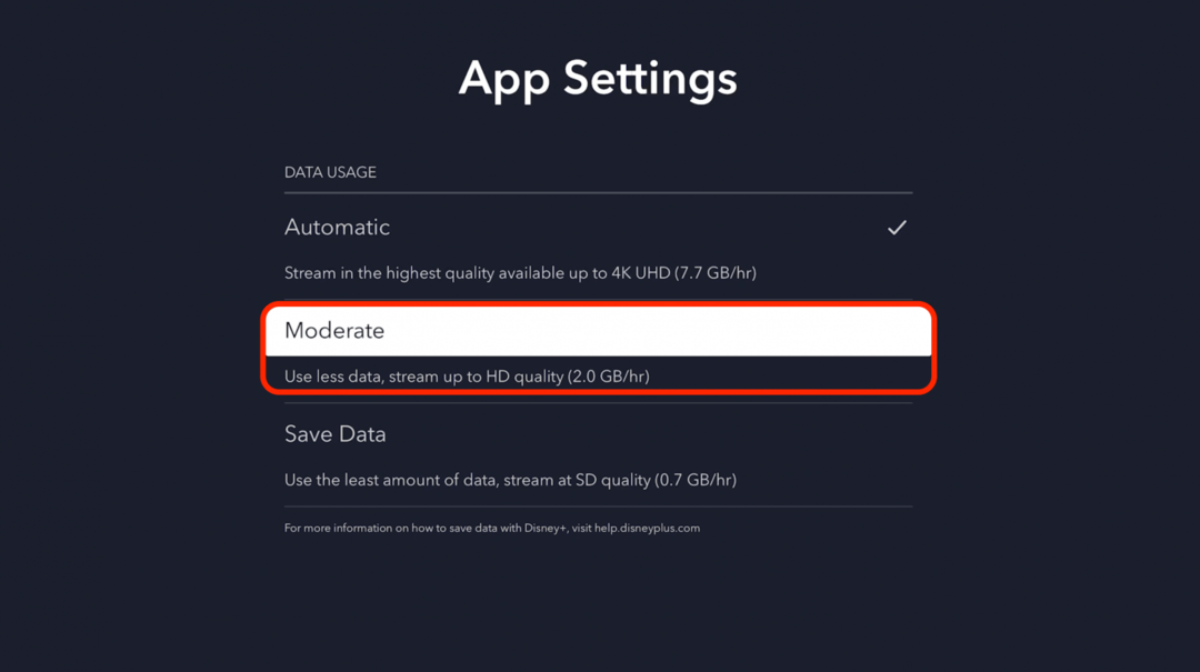 Pokud se aplikace Disney Plus otevře, ale streamování se zpožďuje, zkuste snížit kvalitu streamu.