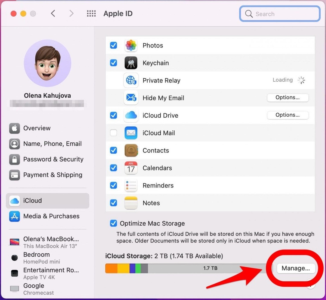 Klikněte na Spravovat - jak zálohovat počítač na icloud