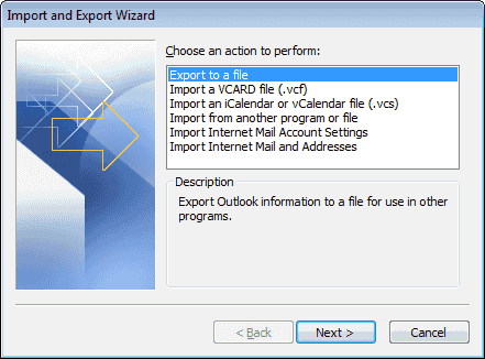 Outlookのファイルへのエクスポートオプション
