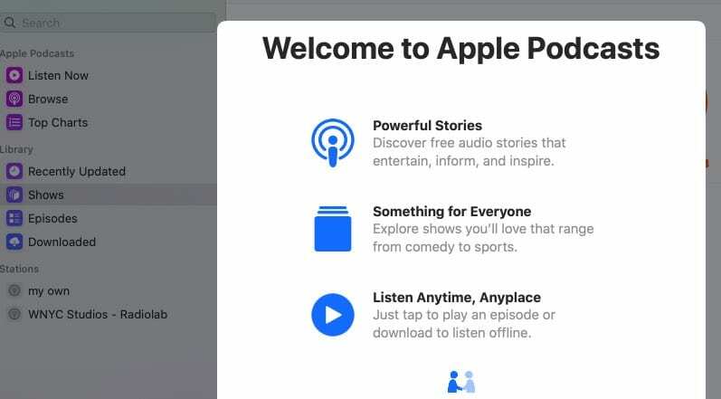 Aplikácia podcast v systéme macOS Catalina