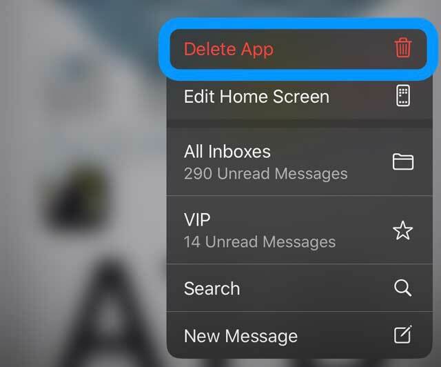 ātrās darbības izvēlne iOS 13 un iPadOS, lai dzēstu lietotni