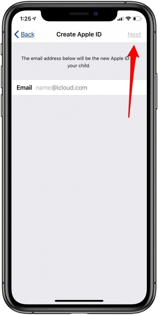 escolha o endereço do iCloud para a criança