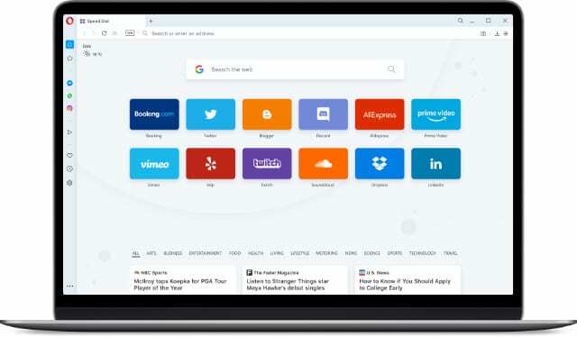 Opera-Browser mit Nachrichten-Apps in der Seitenleiste