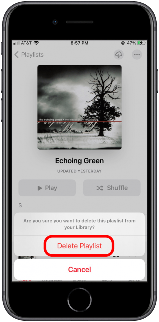 Érintse meg a Lejátszási lista törlése lehetőséget az Apple Music alkalmazásból való eltávolítás megerősítéséhez
