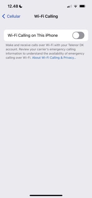 צילום מסך המראה כיצד להפעיל שיחות wifi ב-iPhone