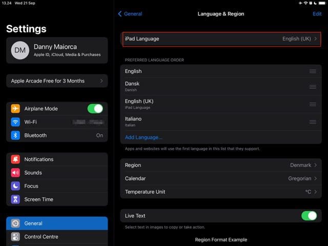 captura de pantalla que muestra la pestaña para cambiar el idioma en ipad