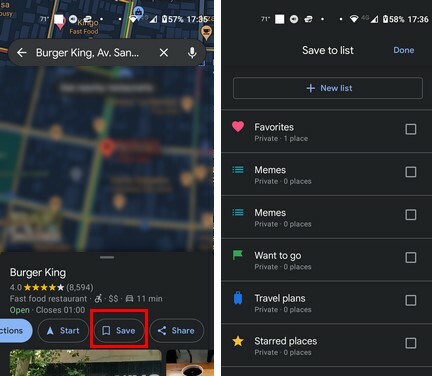 Option zum Speichern der Google Maps-Route