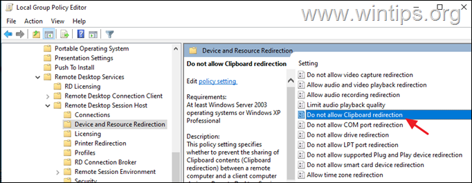 Politica de redirecționare a clipboardului pentru desktop la distanță