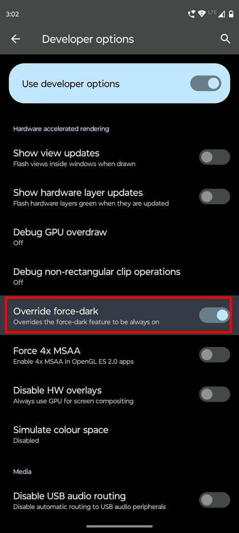 Attiva Override force-dark nelle opzioni sviluppatore