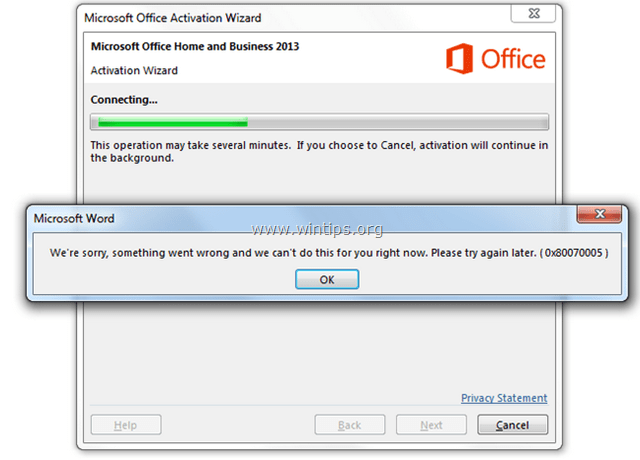 Błąd aktywacji pakietu Office 0x80070005