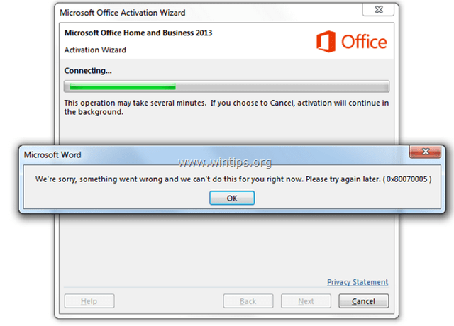 Error de activación de Office 0x80070005