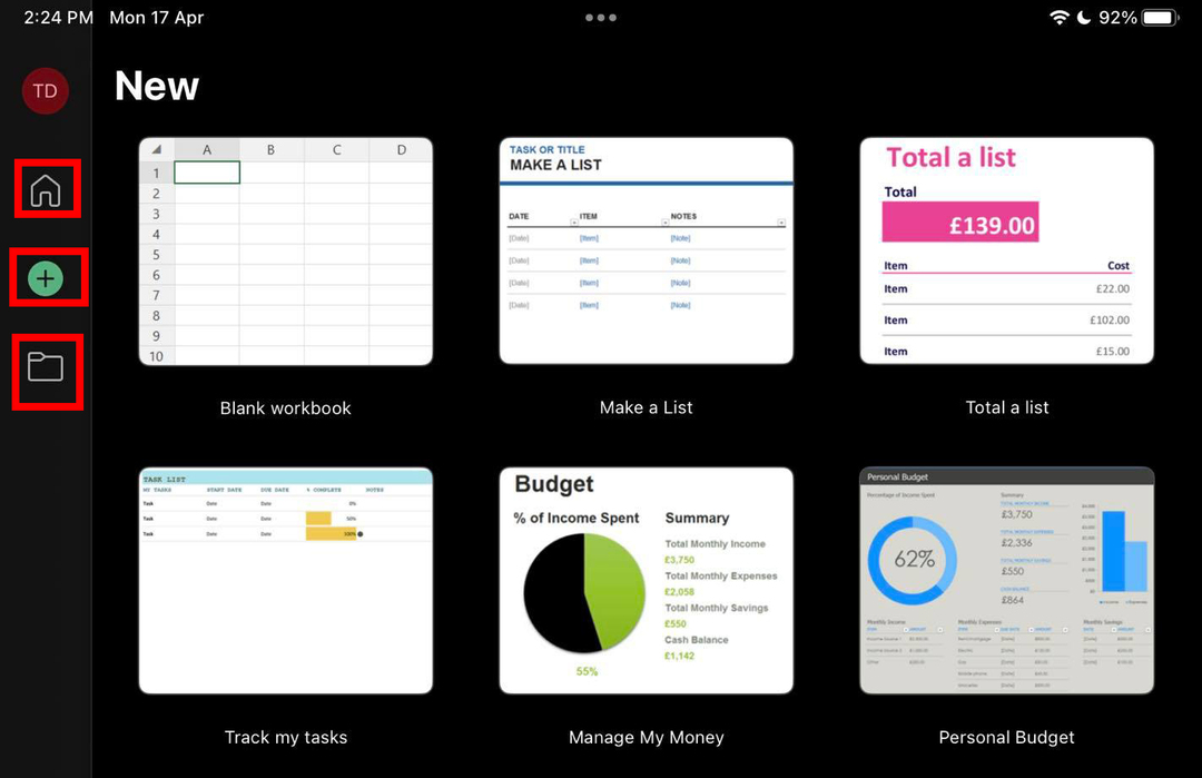 Excel Hjem-knappen, hvor du kan oprette nye regneark på iPad