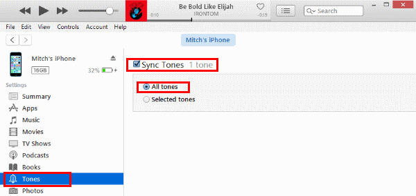 בחירת צלילי סינכרון של iTunes