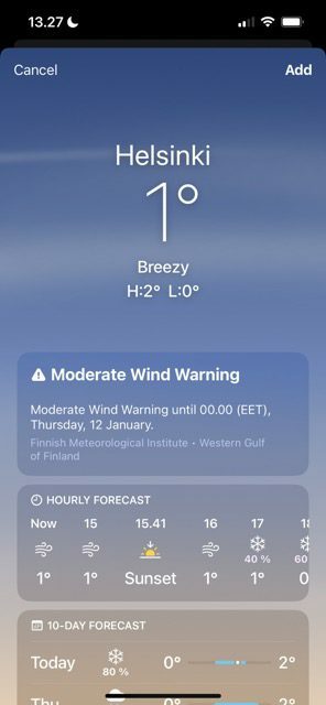Snímek obrazovky s přehledem počasí pro město v aplikaci Počasí