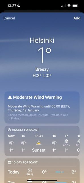 Captura de tela mostrando a visão geral do clima para uma cidade no aplicativo Clima