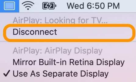 come disconnettere iPad da Sidecar utilizzando le opzioni del menu Mac AirPlay