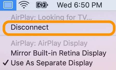 kako odspojiti iPad od Sidecara pomoću opcija izbornika Mac AirPlay