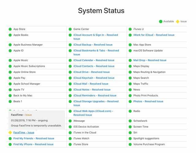 Status do servidor Apple FaceTime com problemas