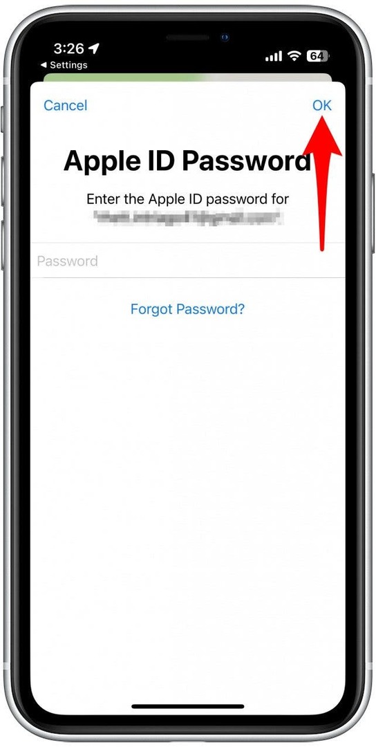 Napauta OK, kun olet syöttänyt Apple ID -salasanasi.