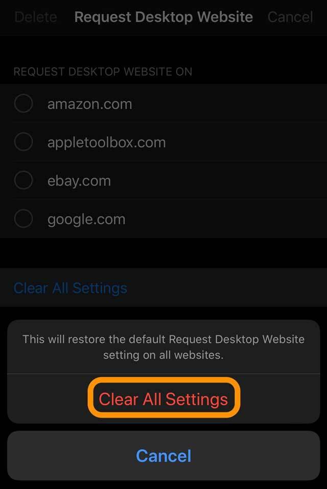 изчистете всички сайтове от показване на настолна версия на iOS 13