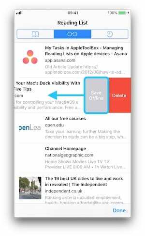 Snímka obrazovky zoznamu na čítanie pre iPhone so zvýraznením tlačidla Uložiť offline