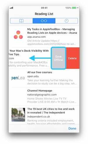 Знімок екрана зі списком читання iPhone із виділенням кнопки «Зберегти офлайн».
