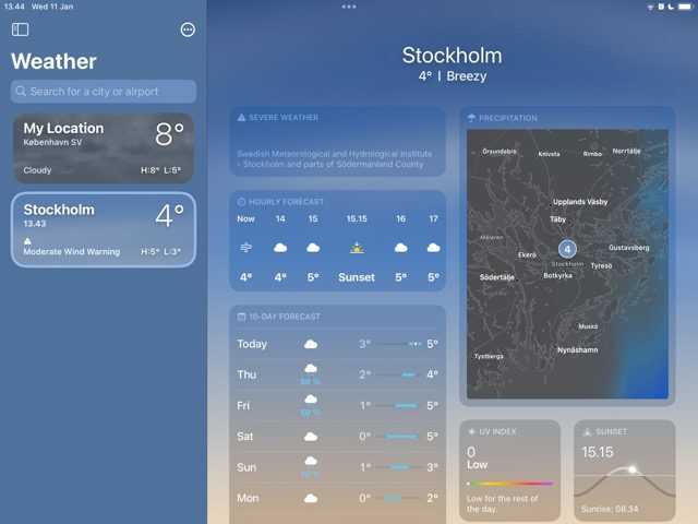 iPad의 날씨 앱에 추가된 도시를 보여 주는 스크린샷