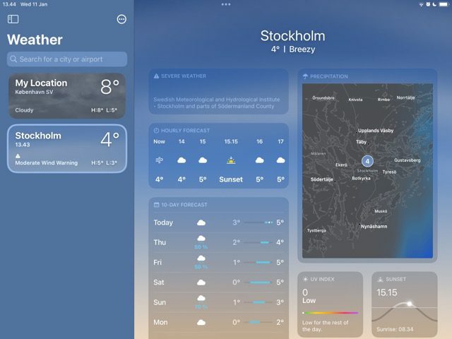 Skjermbilde som viser en by lagt til i Weather-appen på iPad