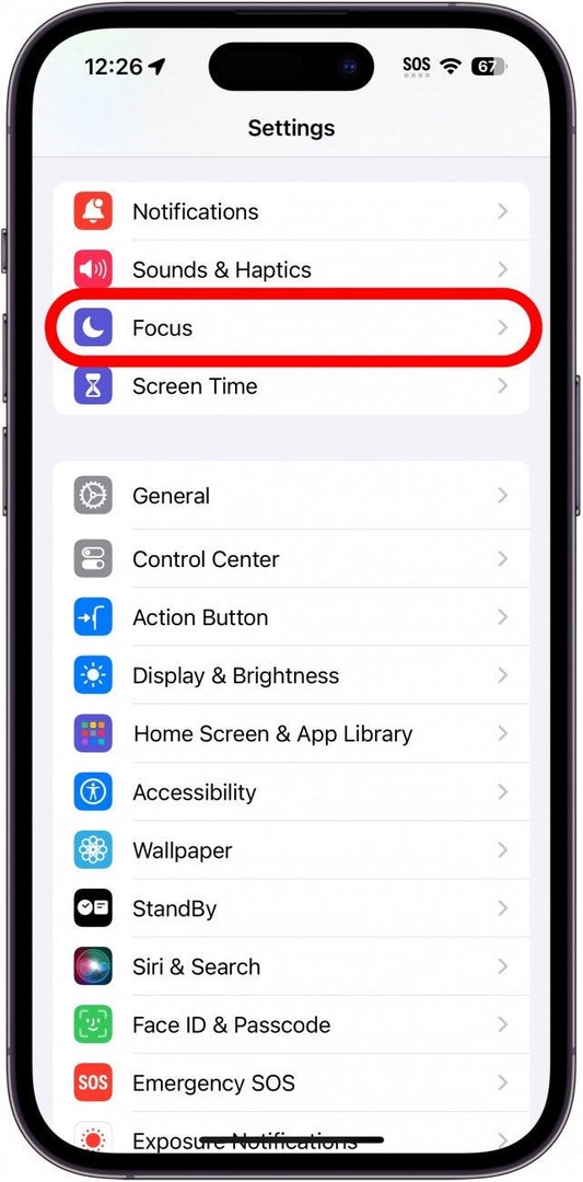 nastavenia iphone s možnosťou zaostrenia zakrúžkovanou červenou farbou