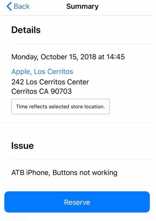 кнопка резервирования в приложении поддержки Apple для резервирования встречи