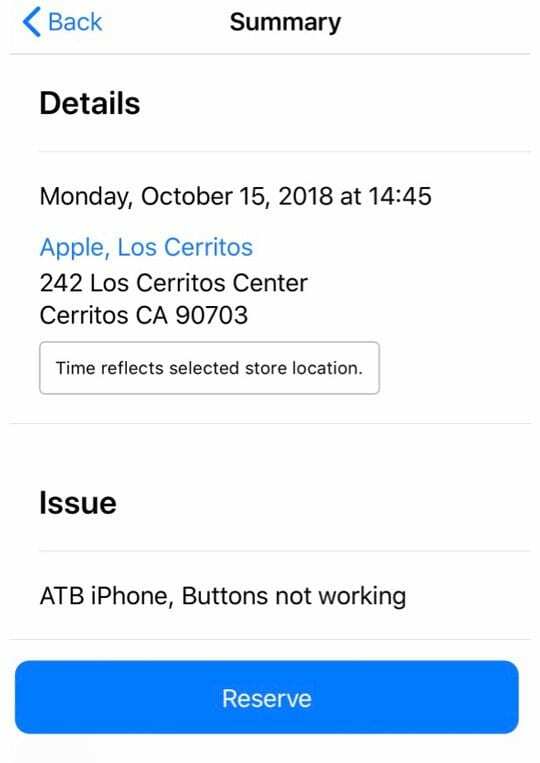 ऐप्पल सपोर्ट ऐप अपॉइंटमेंट रिजर्वेशन पर रिजर्व बटन