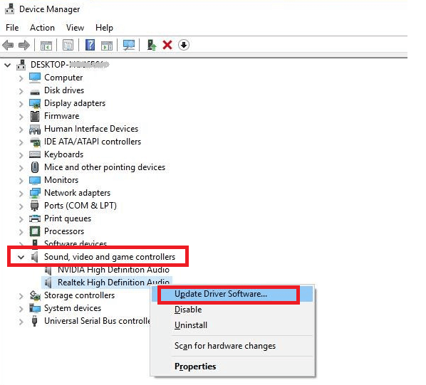 Haga clic con el botón derecho en Realtek High Definition Audio y seleccione la opción Actualizar software del controlador