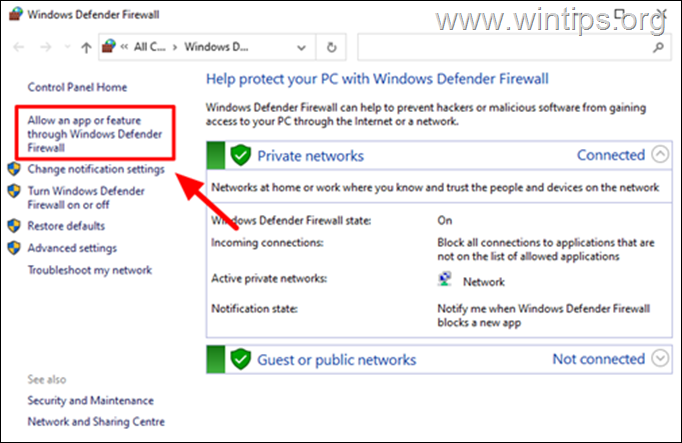 llow in aplikacijo ali funkcijo prek požarnega zidu Windows Defender