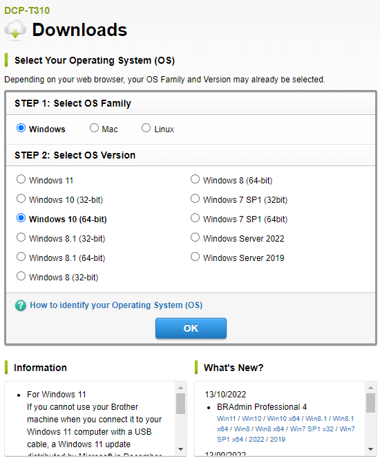 Driver Brother DCP T310 e exibir todo o sistema operacional e sua versão