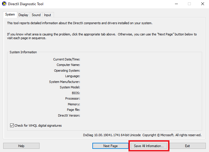 Diagnóstico de gráficos DirectX - Guardar toda la información