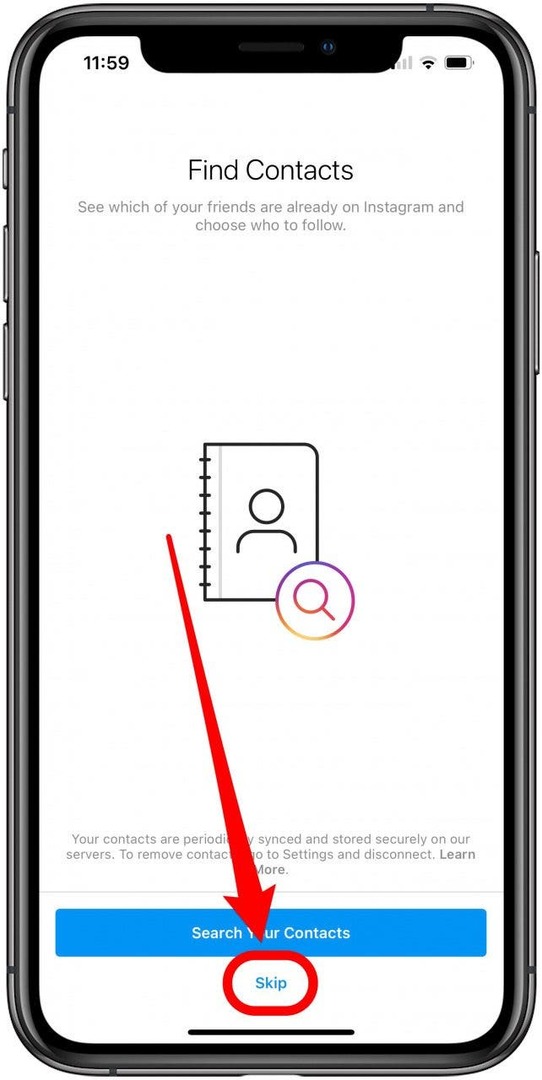 Stuknij pomiń, aby później dodać kontakty telefoniczne na Instagramie.