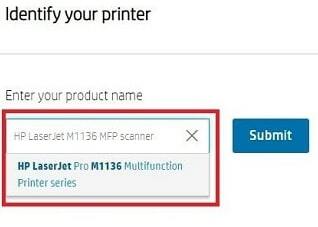 Identifique sua impressora HP por tipo na caixa de pesquisa