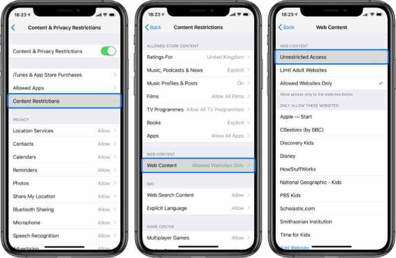 Disattiva le restrizioni sui contenuti e sulla privacy su iPhone XS