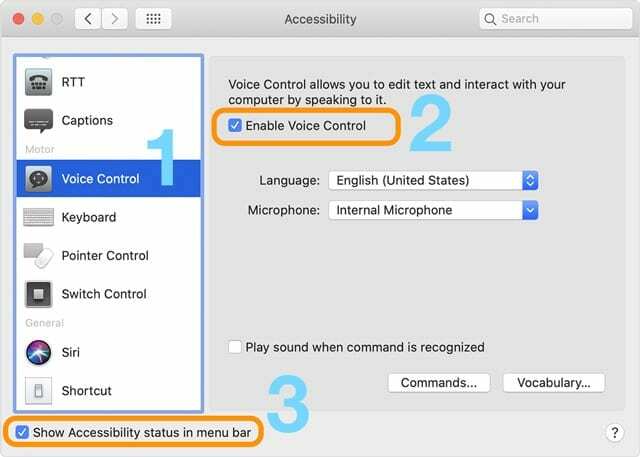 ხმის მართვის პარამეტრები mac-ზე macOS Catalina-ით