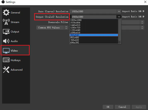 Minska utgångsupplösningen i OBS - Videoinställning